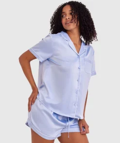 Liquid Satin Short Sleeve Shirt - Pale Blue/Ivory