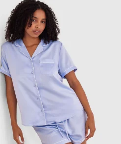 Liquid Satin Short Sleeve Shirt - Pale Blue/Ivory