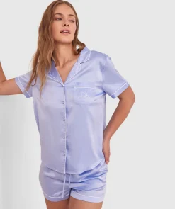 Liquid Satin Short Sleeve Shirt - Pale Blue/Embro