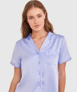 Liquid Satin Short Sleeve Shirt - Pale Blue/Embro
