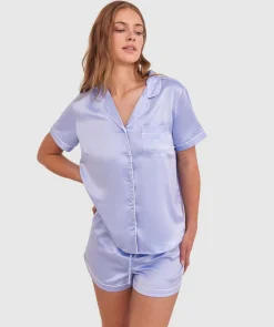 Liquid Satin Short Sleeve Shirt - Pale Blue/Embro