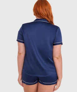 Liquid Satin Short Sleeve Top - Navy