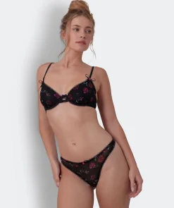 Night Games Lust In Bloom Unlined Bra & G String Set - Print Floral/Black
